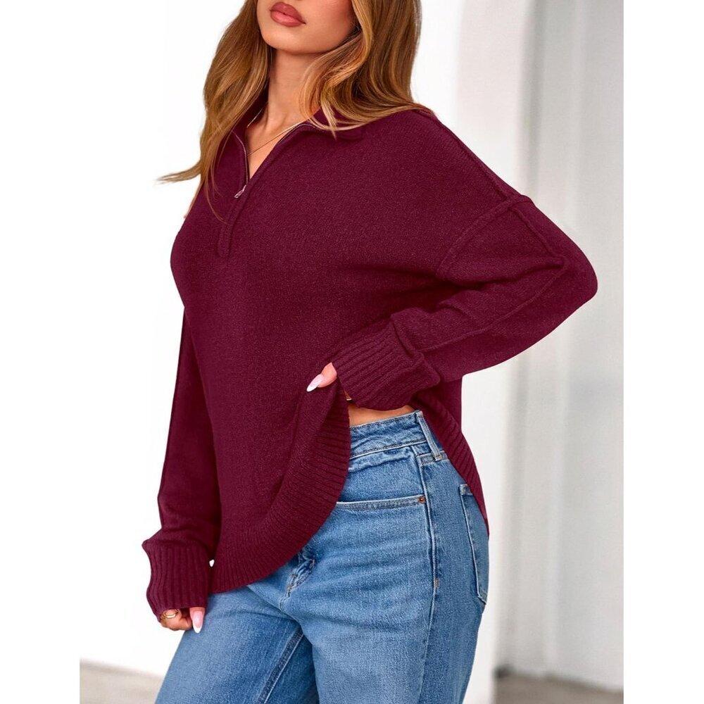 Women's V Neck Quarter Zip Sweater Fall Long Sleeve Collared Business Casual - Picture 3 of 8